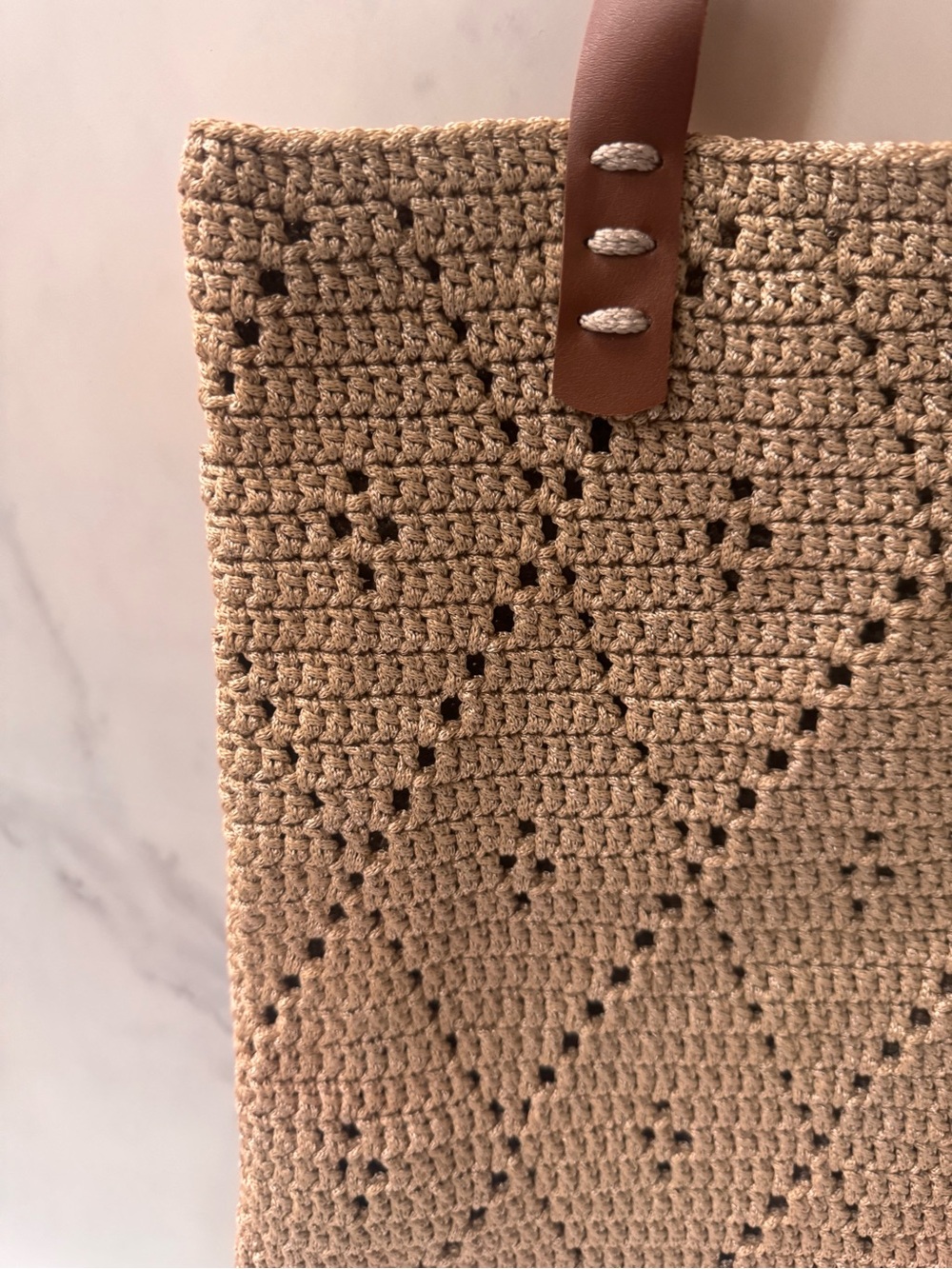 Beige Crochet Tote with Brown Leather Straps - Picture 2 of 3